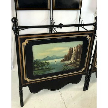ANTICO LETTO FERRO 1800 2 SINGOLI MATRIMONIALE DIPINTO PAESAGGIOOLD WOOD BED
