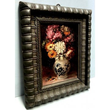 ANTICO QUADRO OLIO TAVOLA NATURA MORTA VASO BROCCA FIORI ZINNIE ORTENSIE FIRMATO