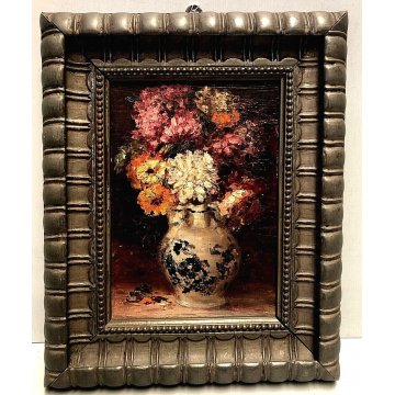 ANTICO QUADRO OLIO TAVOLA NATURA MORTA VASO BROCCA FIORI ZINNIE ORTENSIE FIRMATO