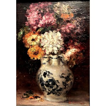 ANTICO QUADRO OLIO TAVOLA NATURA MORTA VASO BROCCA FIORI ZINNIE ORTENSIE FIRMATO
