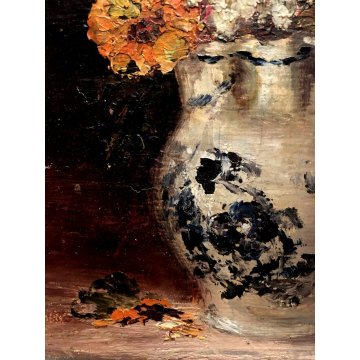 ANTICO QUADRO OLIO TAVOLA NATURA MORTA VASO BROCCA FIORI ZINNIE ORTENSIE FIRMATO
