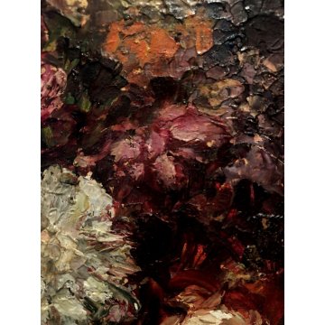 ANTICO QUADRO OLIO TAVOLA NATURA MORTA VASO BROCCA FIORI ZINNIE ORTENSIE FIRMATO