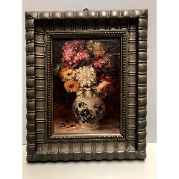 ANTICO QUADRO OLIO TAVOLA NATURA MORTA VASO BROCCA FIORI ZINNIE ORTENSIE FIRMATO
