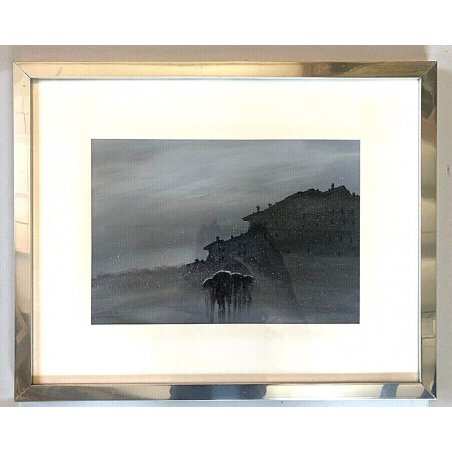 QUADRO DIPINTO TEMPERA Ferrari MONTAGNA FIGURE NELLA BUFERA di NEVE CORNICE '900