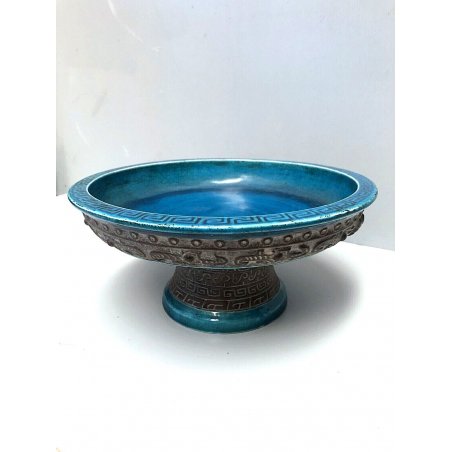 ANTICA  ALZATA COPPA CERAMICA GRES SMALTO TURCHESE DECORO LABIRINTO GRECIA '900