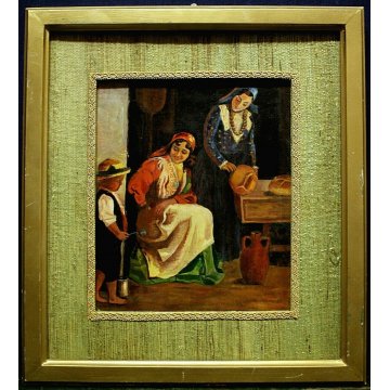 ANTICO QUADRO OLIO CARTONE G. Giaconita FIGURE DONNE BIMBO CUCINA FORNO PANE '39