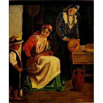 ANTICO QUADRO OLIO CARTONE G. Giaconita FIGURE DONNE BIMBO CUCINA FORNO PANE '39