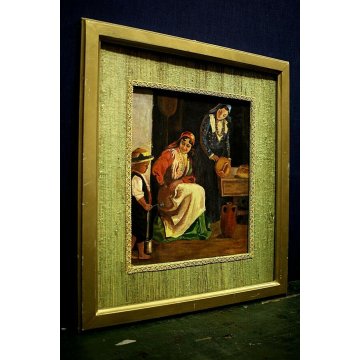 ANTICO QUADRO OLIO CARTONE G. Giaconita FIGURE DONNE BIMBO CUCINA FORNO PANE '39