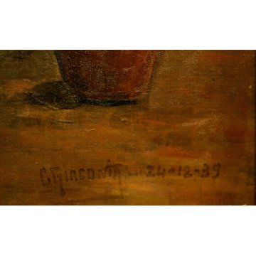 ANTICO QUADRO OLIO CARTONE G. Giaconita FIGURE DONNE BIMBO CUCINA FORNO PANE '39