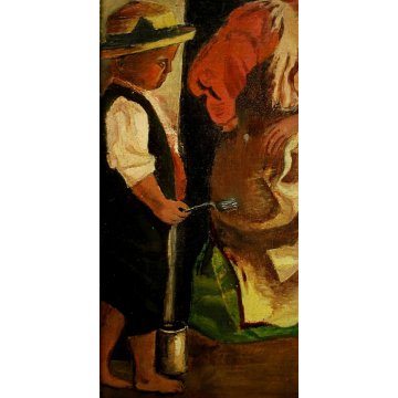 ANTICO QUADRO OLIO CARTONE G. Giaconita FIGURE DONNE BIMBO CUCINA FORNO PANE '39