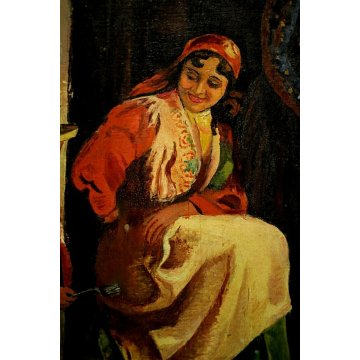 ANTICO QUADRO OLIO CARTONE G. Giaconita FIGURE DONNE BIMBO CUCINA FORNO PANE '39