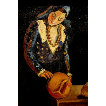 ANTICO QUADRO OLIO CARTONE G. Giaconita FIGURE DONNE BIMBO CUCINA FORNO PANE '39