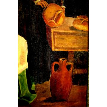 ANTICO QUADRO OLIO CARTONE G. Giaconita FIGURE DONNE BIMBO CUCINA FORNO PANE '39