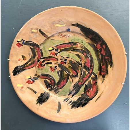 PIATTO PARATA TERRACOTTA SMALTATA DIPINTO GIOVANNI GRASSI 1972 ASTRATTO VASSOIO 