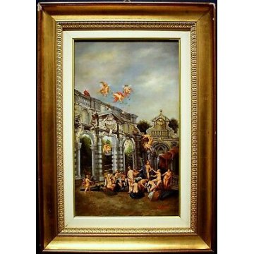 QUADRO DIPINTO Baraldi OLIO TAVOLA PUTTI MONUMENTO NEOCLASSICO DAME BAGNI TERME