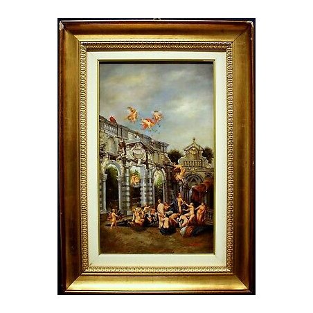 QUADRO DIPINTO Baraldi OLIO TAVOLA PUTTI MONUMENTO NEOCLASSICO DAME BAGNI TERME