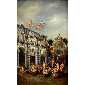 QUADRO DIPINTO Baraldi OLIO TAVOLA PUTTI MONUMENTO NEOCLASSICO DAME BAGNI TERME