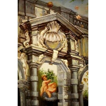 QUADRO DIPINTO Baraldi OLIO TAVOLA PUTTI MONUMENTO NEOCLASSICO DAME BAGNI TERME