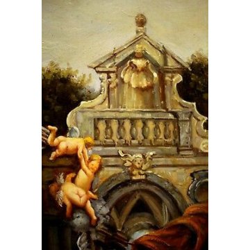 QUADRO DIPINTO Baraldi OLIO TAVOLA PUTTI MONUMENTO NEOCLASSICO DAME BAGNI TERME