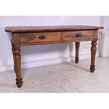 ANTICO TAVOLO LEGNO NOCE ABETE SALA PRANZO RUSTICO 2 CASSETTI 1800 SCRIVANIA 