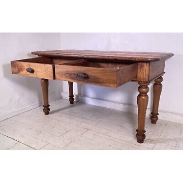 ANTICO TAVOLO LEGNO NOCE ABETE SALA PRANZO RUSTICO 2 CASSETTI 1800 SCRIVANIA 