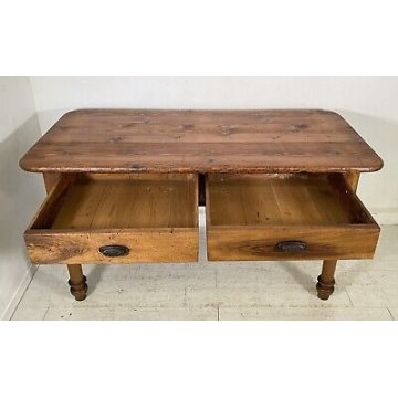 ANTICO TAVOLO LEGNO NOCE ABETE SALA PRANZO RUSTICO 2 CASSETTI 1800 SCRIVANIA 