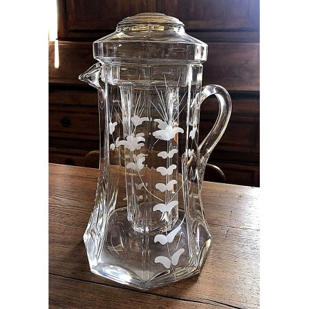 CARAFFA VINTAGE REFRIGERANTE VETRO BROCCA VERSATOIO ACQUA DRINK TAPPO SILVER 70'