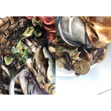 ANTICA SCULTURA CERAMICA Capodimonte PESCATORE PIPA CESTA PESCE ATTR. G. Cappé