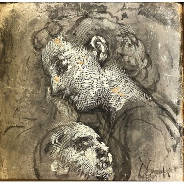 ANTICO DISEGNO TECNICA MISTA STUDIO VOLTO CARTA ACQUERELLO GRAFFIATO FIRMATO 800
