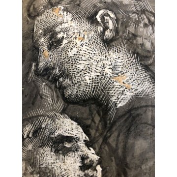 ANTICO DISEGNO TECNICA MISTA STUDIO VOLTO CARTA ACQUERELLO GRAFFIATO FIRMATO 800