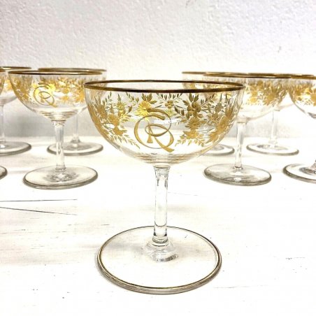 ANTICHE 11 COPPE CHAMPAGNE CUPS CRISTALLO DECORO Recamier  ROCAILLE INIZIALI CR