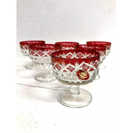 SET 6 COPPETE VINTAGE GELATO MACEDONIA VETRO MOLATO ROSSO TRASPARENTE DECOR  