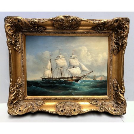 QUADRO DIPINTO OLIO TELA "VSL" PAESAGGIO MARINA VELIERO CORNICE ORNATA DORATA 