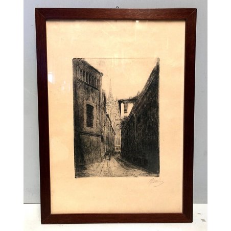 ANTICO QUADRO STAMPA DISEGNOSCORCIO PROSPETTICO Milano DUOMO Via Palazzo Reale 