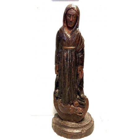 ANTICA SCULTURA Maria Immacolata LEGNO SCOLPITO PIEDI SERPENTE RELIGIOSO 1600 