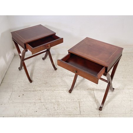 ANTICA COPPIA COMODINI INTARSIATI MAURICE HIRSCH ANNI 50 IN LEGNO DI MOGANO 