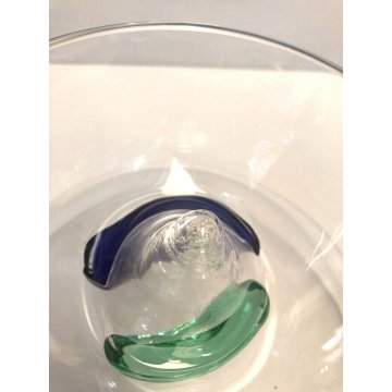  COPPA VETRO SOFFIATO MURANO FOOTED BOWL GLASS CUP VERDE BLU FIRMATA ø 30 cm 