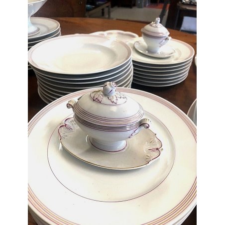 ANTICO GRANDE SERVIZIO PIATTI CERAMICA BIANCA Ginori 49 pz DECORO LINEE BORDEAUX