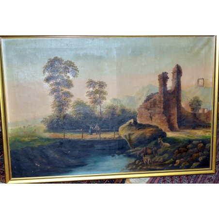 ANTICO GRANDE QUADRO DIPINTO OLIO TELA PAESAGGIO 1800 PONTE FIUME RUSTICO CAPRE