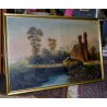 ANTICO GRANDE QUADRO DIPINTO OLIO TELA PAESAGGIO 1800 PONTE FIUME RUSTICO CAPRE