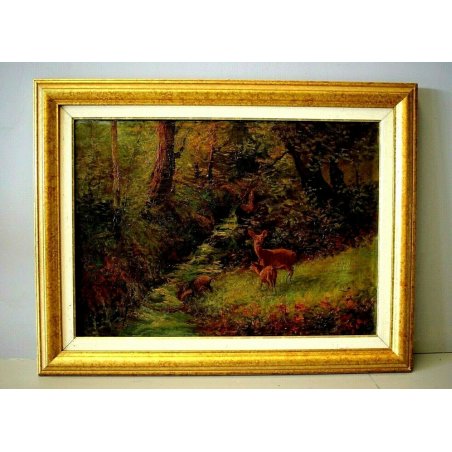 GRANDE QUADRO OLIO TELA BOSCO con CERBIATTI RUSCELLO SOTTOBOSCO CREPUSCOLO '900