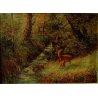 GRANDE QUADRO OLIO TELA BOSCO con CERBIATTI RUSCELLO SOTTOBOSCO CREPUSCOLO '900