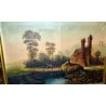 ANTICO GRANDE QUADRO DIPINTO OLIO TELA PAESAGGIO 1800 PONTE FIUME RUSTICO CAPRE