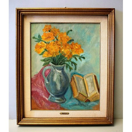 QUADRO DIPINTO OLIO M. Bravo NATURA MORTA VASO FIORI GIALLI COMPOSIZIONE '69