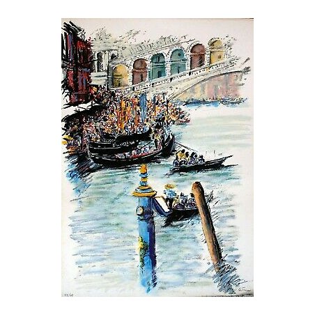 LITOGRAFIA Gino Trame VEDUTA VENEZIA PONTE di RIALTO GONDOLE LAGUNA FOLLA '900