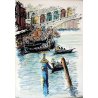 LITOGRAFIA Gino Trame VEDUTA VENEZIA PONTE di RIALTO GONDOLE LAGUNA FOLLA '900
