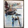LITOGRAFIA Gino Trame VEDUTA VENEZIA PONTE di RIALTO GONDOLE LAGUNA FOLLA '900
