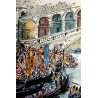 LITOGRAFIA Gino Trame VEDUTA VENEZIA PONTE di RIALTO GONDOLE LAGUNA FOLLA '900
