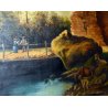 ANTICO GRANDE QUADRO DIPINTO OLIO TELA PAESAGGIO 1800 PONTE FIUME RUSTICO CAPRE