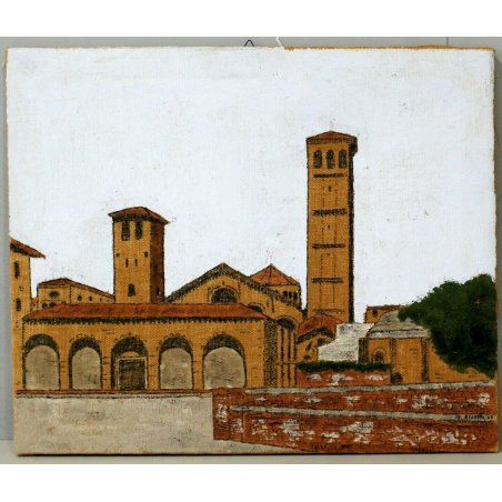 QUADRO DIPINTO TECNICA MISTA su JUTA Ernesto Ricotti MILANO SANT AMBROGIO 1989 